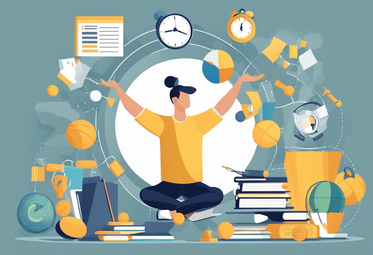 A busy professional juggling work and fitness. Mindset plays a key role. Balancing act of multitasking and prioritizing