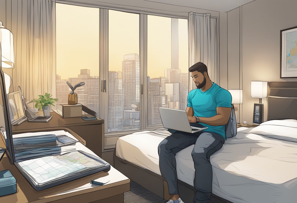 A busy professional in a hotel room, with a packed suitcase, gym bag, and laptop. A map of the city and a water bottle sit on the bedside table