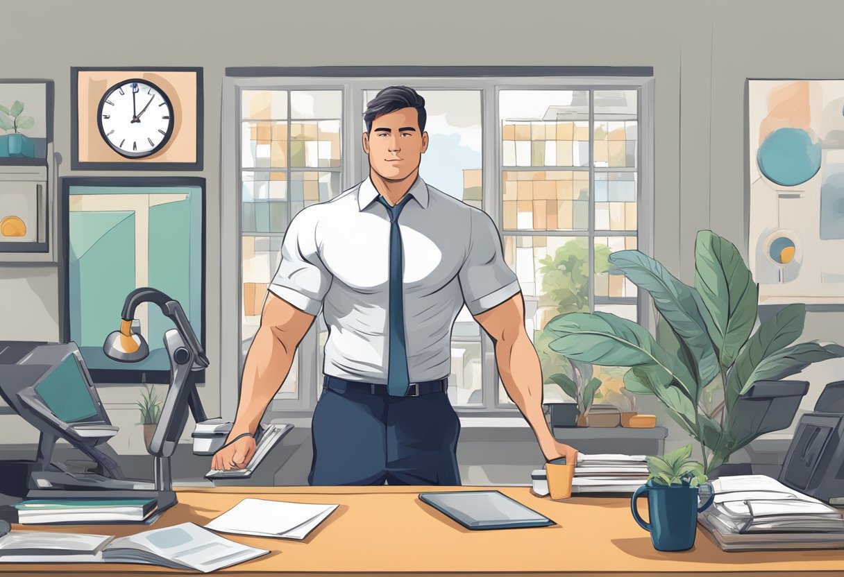 A busy professional with a determined mindset seamlessly incorporates fitness into their daily routine, effortlessly balancing work and exercise