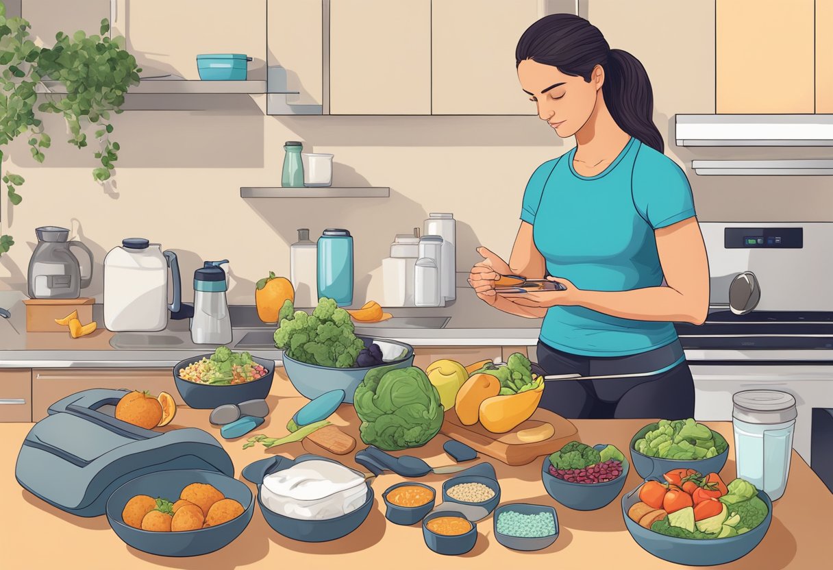 A person preparing a balanced meal surrounded by workout gear and motivational quotes
