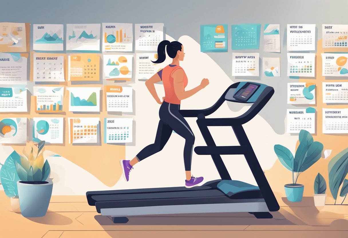 A person running on a treadmill, surrounded by motivational quotes and images of fitness goals. A calendar with workout schedules and progress charts on the wall