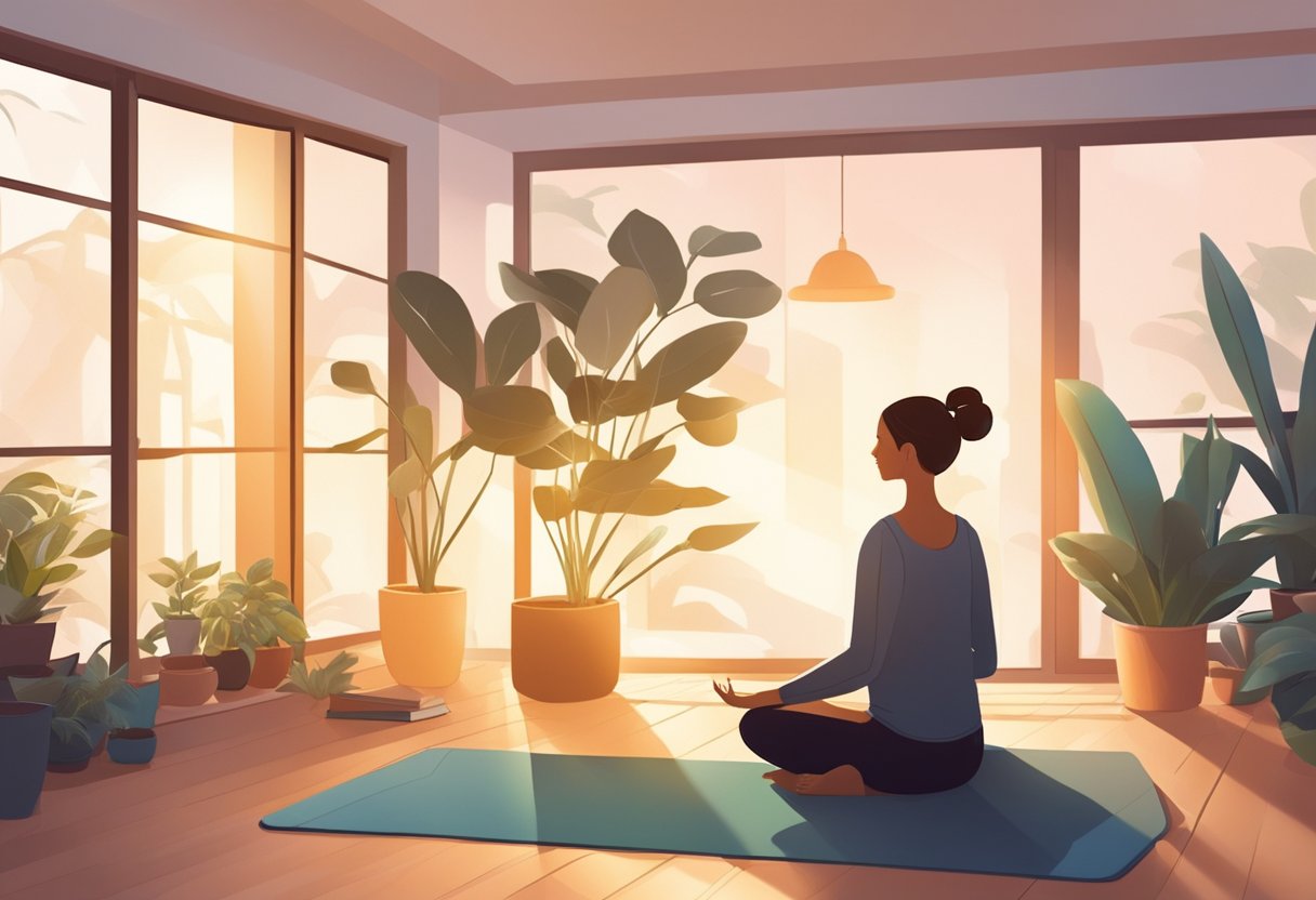 A person meditating in a peaceful, clutter-free room with yoga mat, plants, and a journal. Sunrise streams through the window, casting a warm glow
