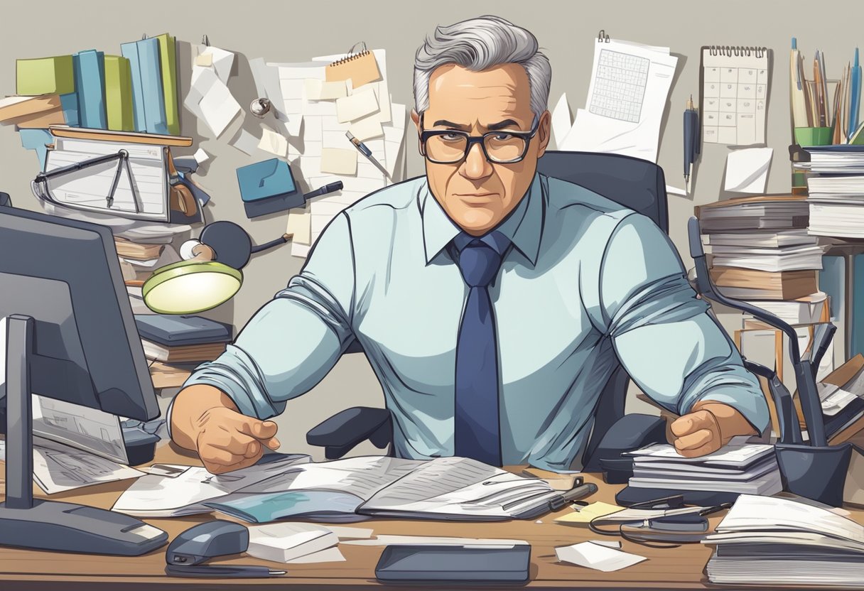 A busy professional with a determined expression, surrounded by a cluttered desk, a calendar, and exercise equipment, balancing work and fitness