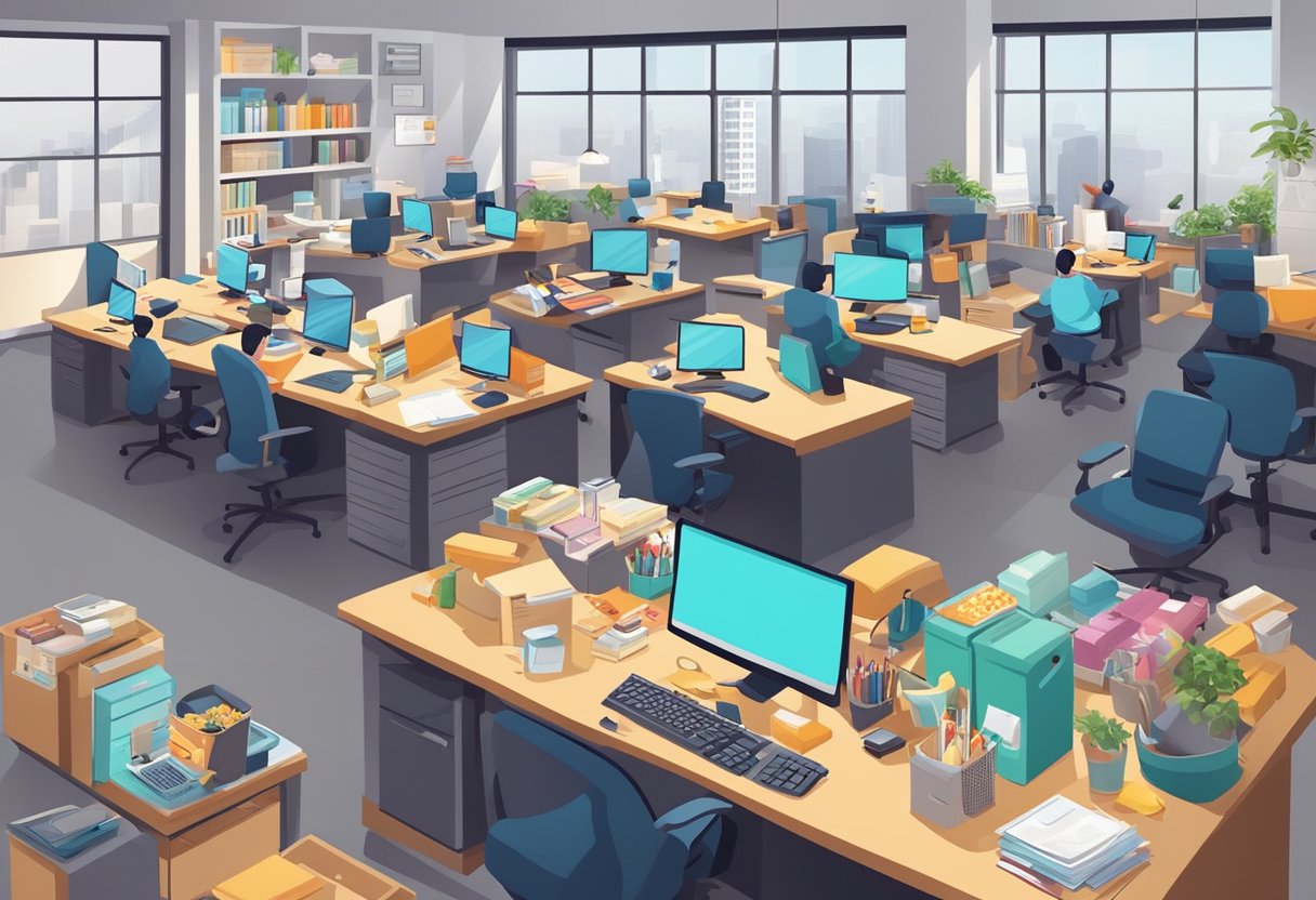 A busy office setting with cluttered desks, employees working overtime, and unhealthy snacks scattered around. A lack of natural light and ergonomic furniture adds to the stressful environment