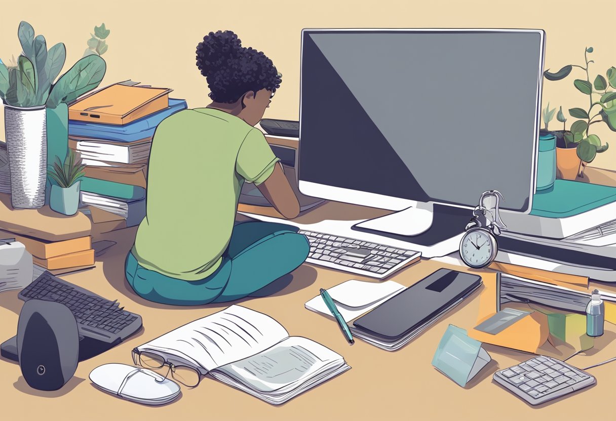 A cluttered desk with a computer, phone, and paperwork. A clock shows late hours. A person looks tired. A yoga mat and water bottle sit in the corner