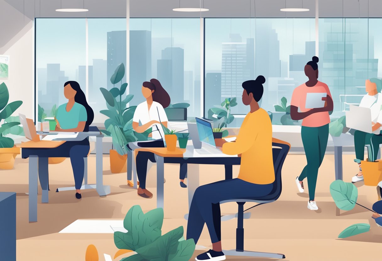 A bustling office environment with employees engaged in wellness activities such as exercise, healthy eating, and mental health support