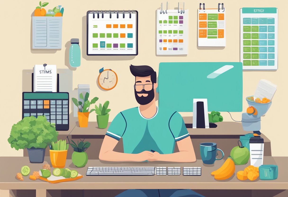 A person working at a desk with a computer, surrounded by healthy snacks, a water bottle, and exercise equipment. Calendar with scheduled workout times on the wall