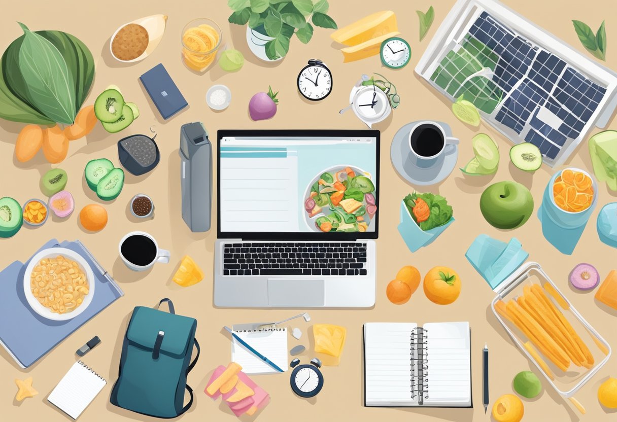 A person sitting at a desk with a laptop and planner, surrounded by healthy snacks, a water bottle, exercise equipment, and a clock