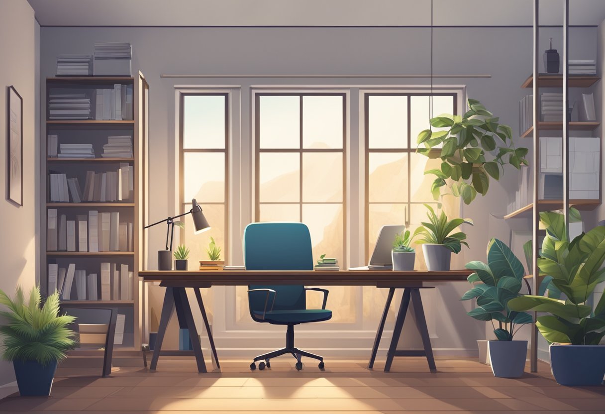 A serene office space with a desk, computer, and potted plants. A separate area with a cozy chair, bookshelf, and soft lighting for relaxation