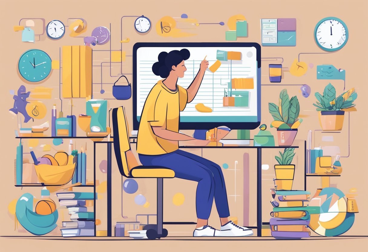 A person juggling a busy work schedule while making healthy choices, such as exercising, eating well, and taking breaks