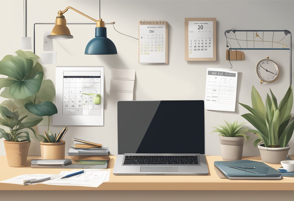 A cluttered desk with a calendar, clock, and to-do list. A laptop displaying a work project, surrounded by family photos and a potted plant
