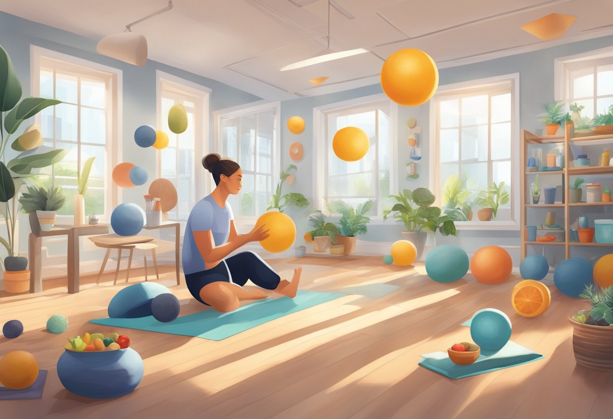 A person juggling work and leisure, surrounded by exercise equipment, healthy food, and relaxation items in a well-lit, organized space