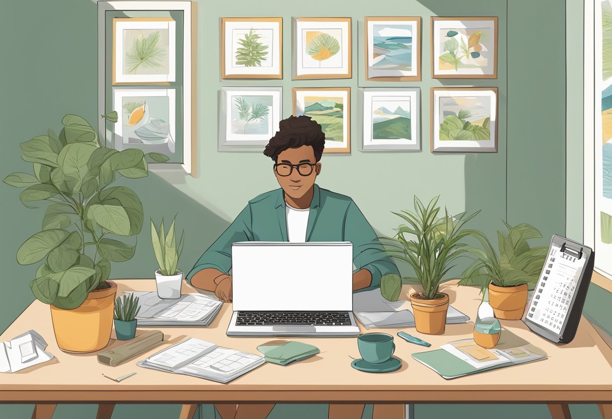 A person working at a desk with a laptop and a calendar, surrounded by family photos, a plant, and a clock