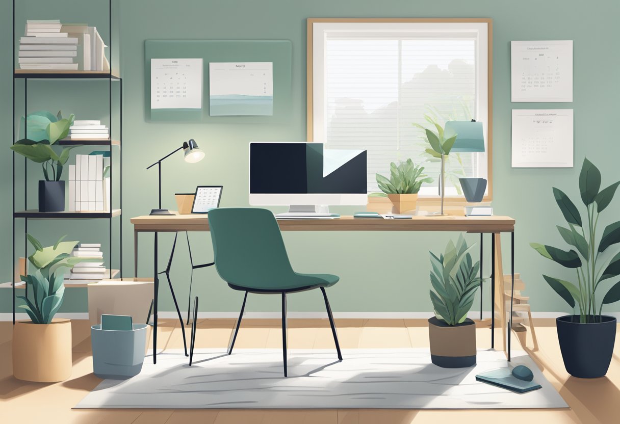 A serene office space with a clutter-free desk, a calendar with scheduled breaks, and a soothing color scheme to promote focus and relaxation