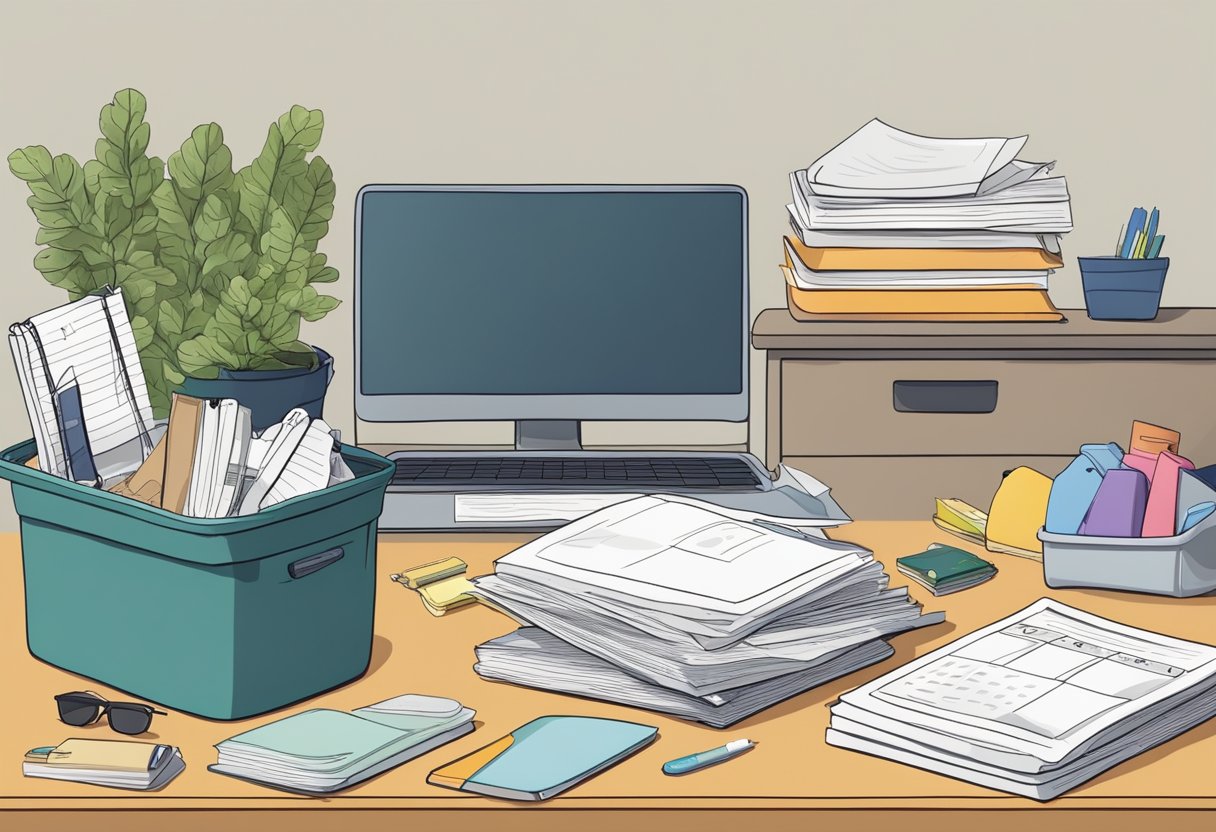 A cluttered desk with an overflowing trash can, empty takeout containers, and a neglected plant. A calendar with missed appointments and a neglected gym bag