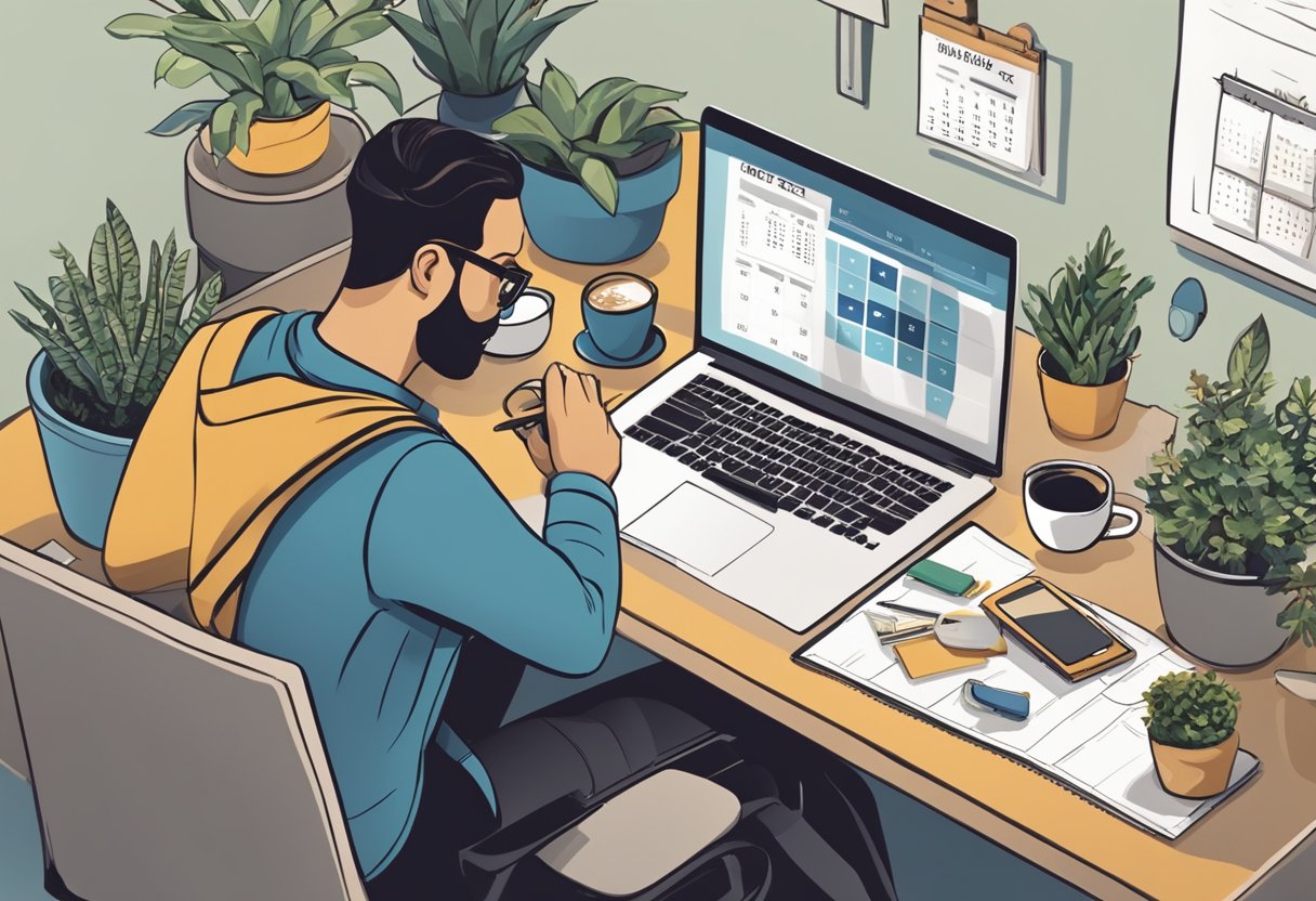 A busy professional at a desk with a calendar, laptop, and a cup of coffee. On one side, work-related items, and on the other, personal items like a family photo or a plant