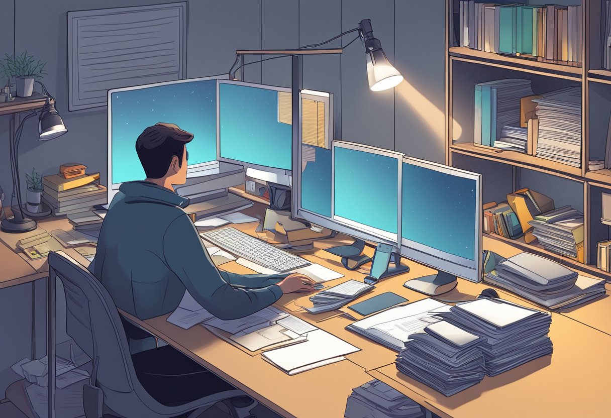 A person working late at a cluttered desk, surrounded by papers and a glowing computer screen. A neglected exercise equipment in the corner