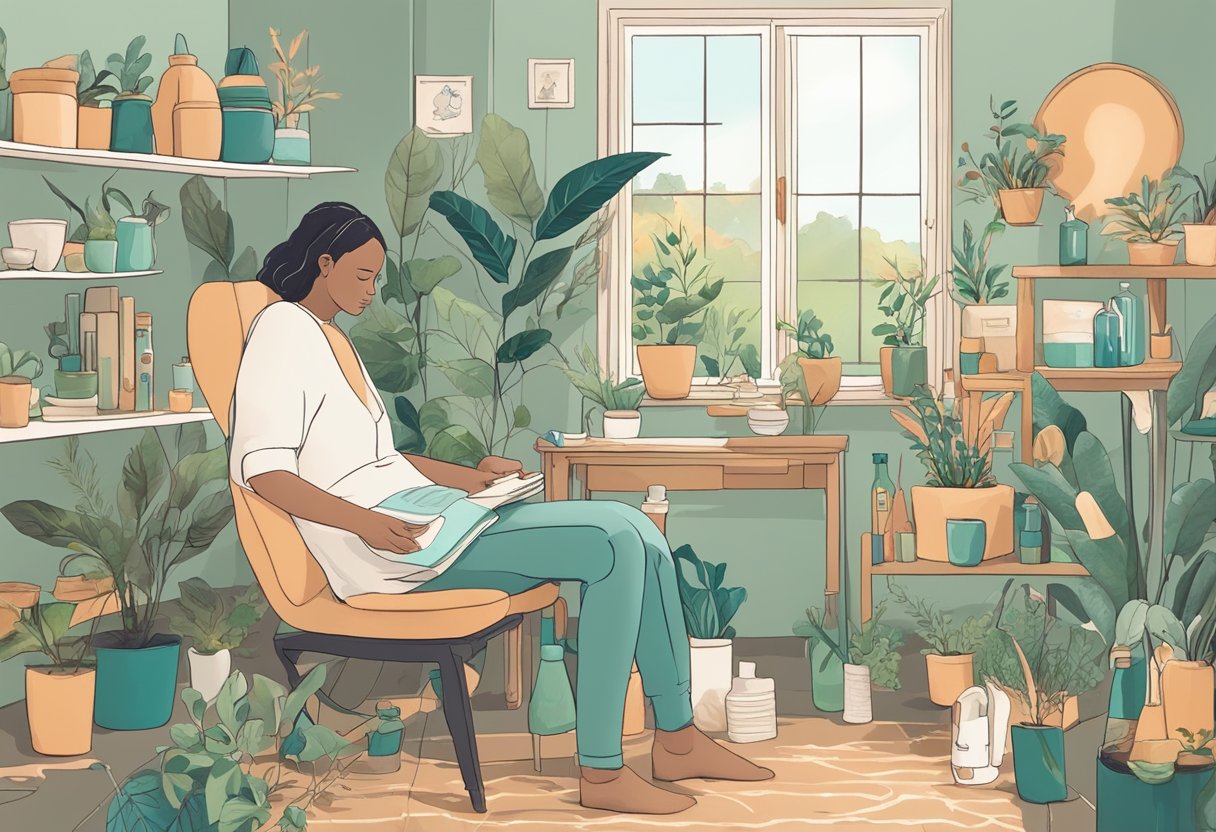 A serene setting with a person engaging in self-care activities, surrounded by neglected health-related items. The contrast between self-care and neglect is visually striking