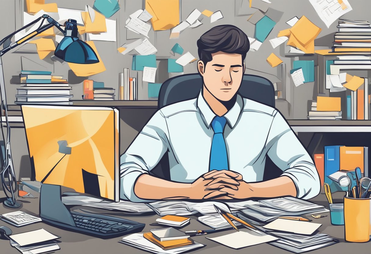 A person neglects their health while focusing on career success, leading to negative consequences. The scene could depict a person surrounded by work-related items, but also showing signs of physical and mental strain