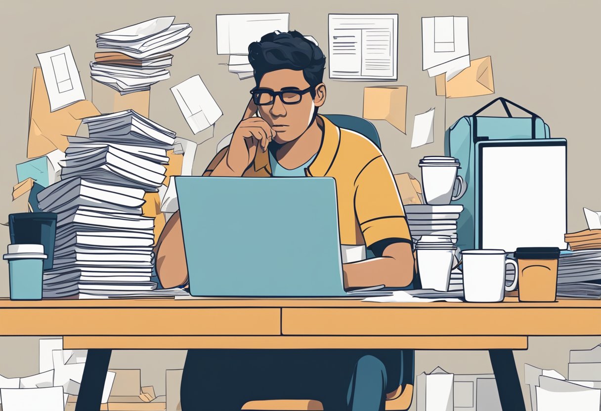 A person sitting at a cluttered desk with papers and a laptop, surrounded by takeout containers and empty coffee cups. The person looks tired and stressed, with a pile of work waiting to be completed