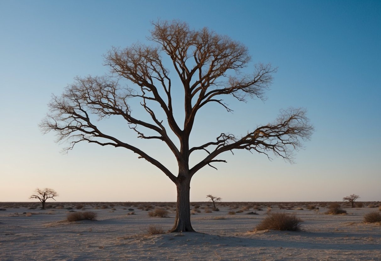 A lone tree stands tall amidst a barren landscape, its branches reaching out defiantly against the harsh winds and relentless sun