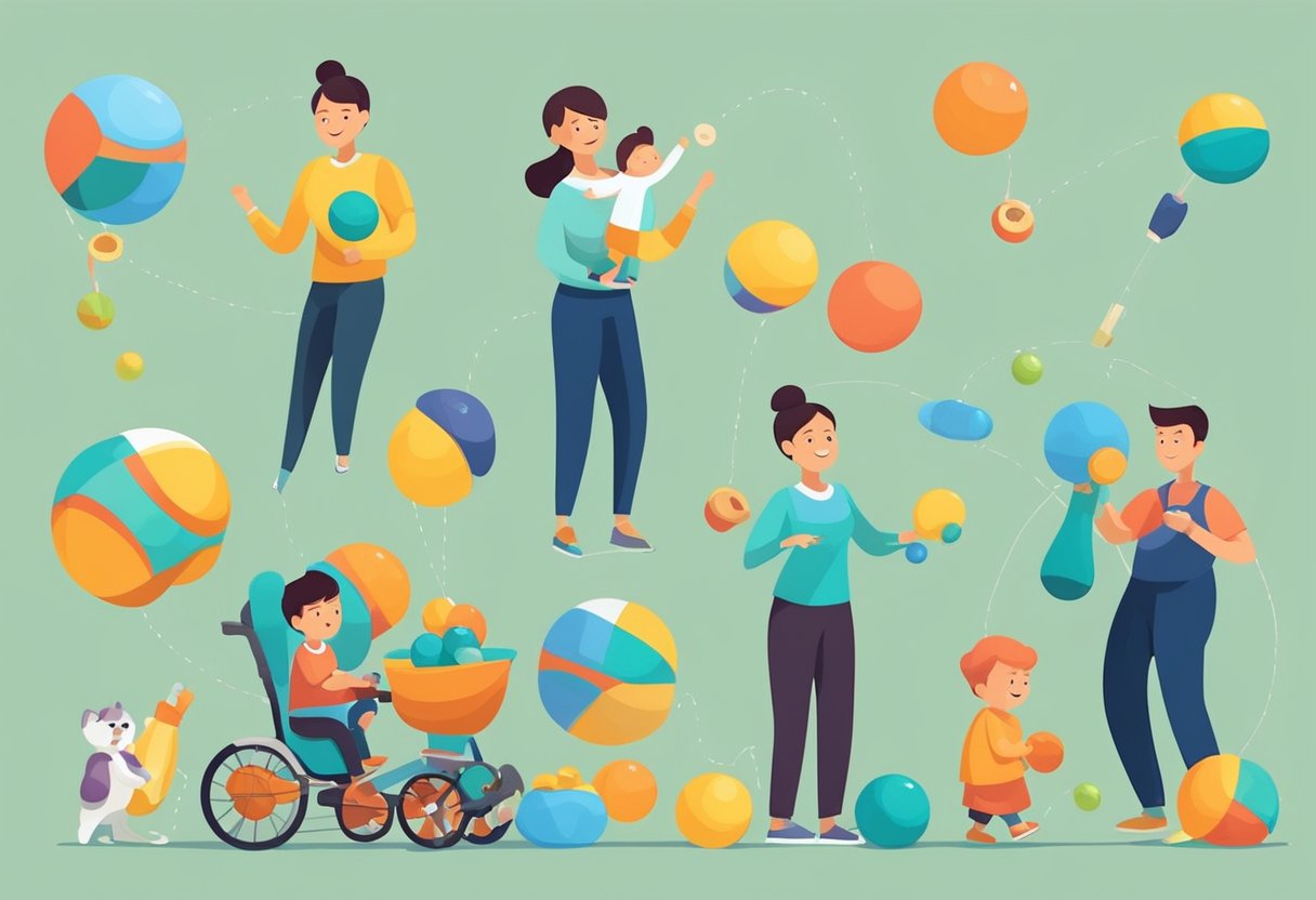 A parent juggling exercise equipment and children's toys while multitasking work and family responsibilities