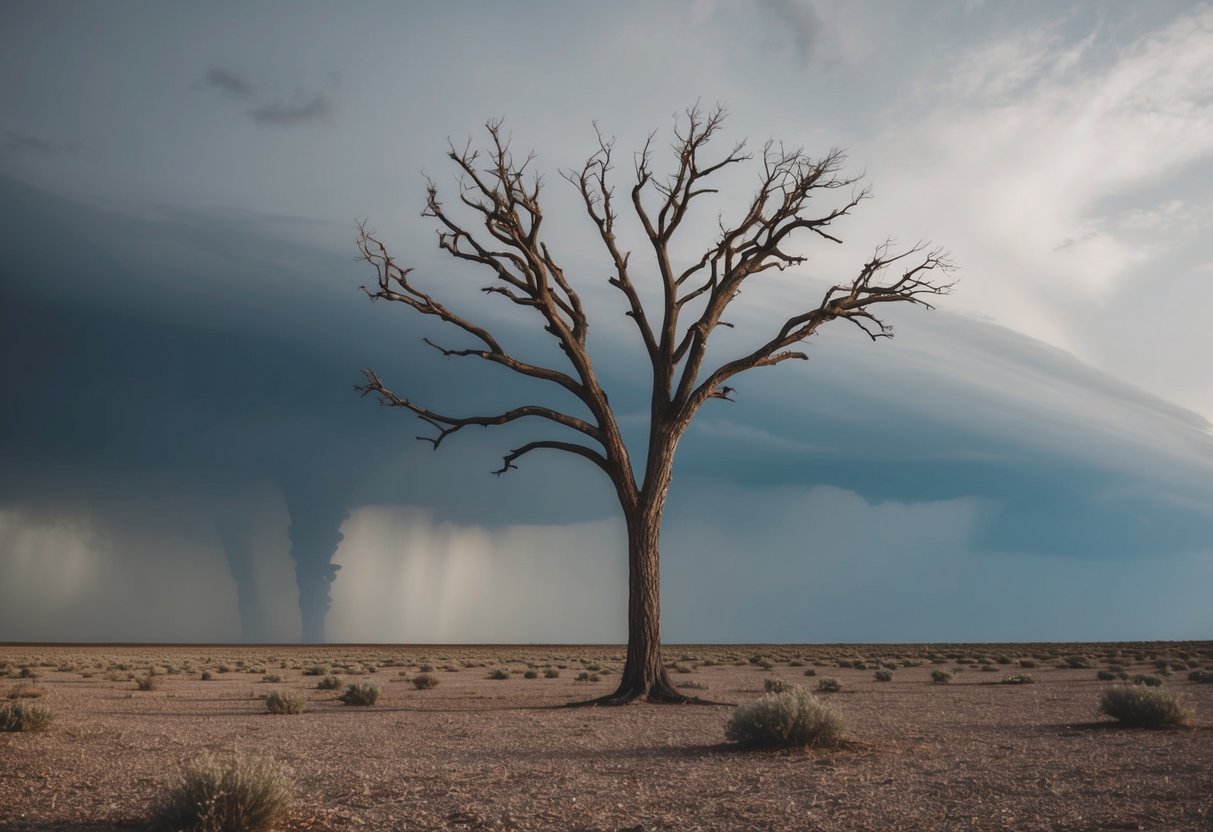 A lone tree stands tall in a barren landscape, its branches bending but not breaking in the face of a powerful storm