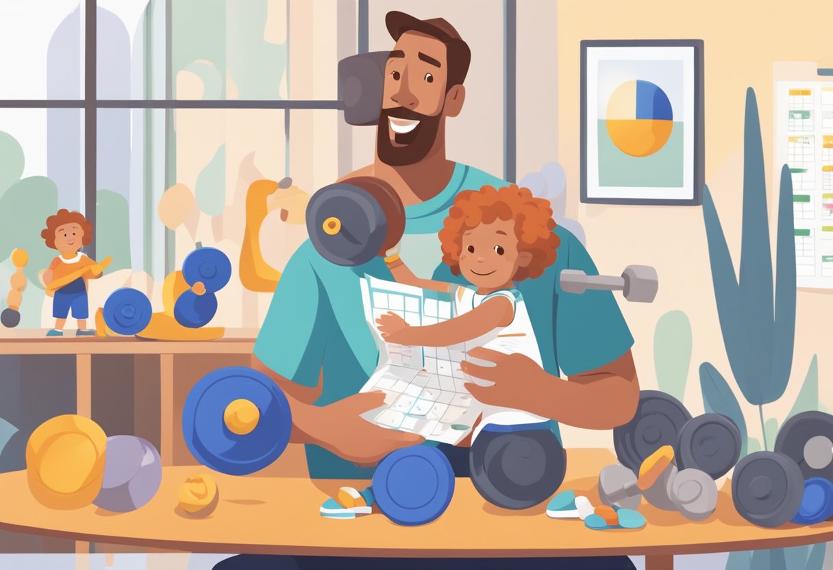 A parent juggling a set of weights while holding a child's toy. A calendar with overlapping work and family events sits in the background