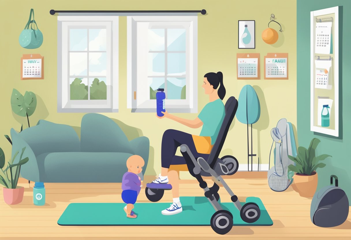 A parent juggling a dumbbell and a baby bottle while a stroller and yoga mat sit nearby. A calendar with family events and workout times hangs on the wall