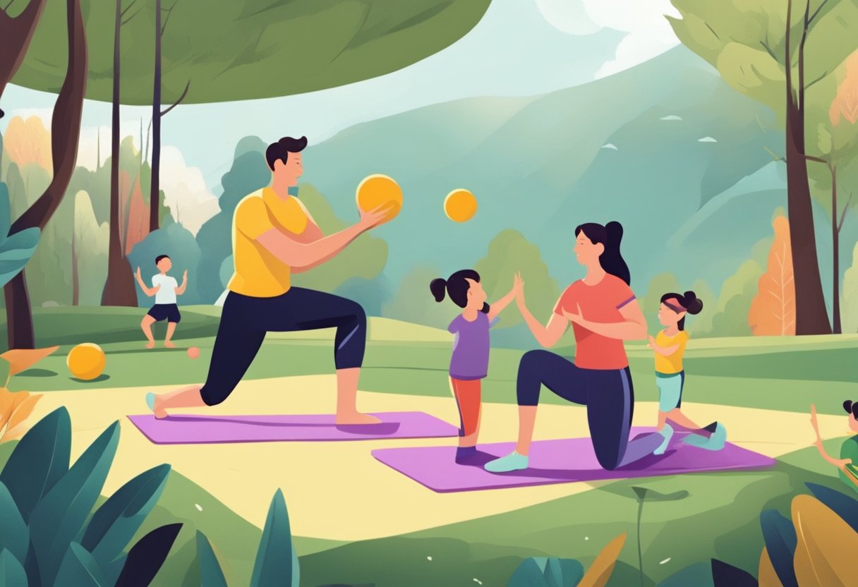 A family juggling fitness and quality time. A parent leads a yoga session while another plays with children. Outdoor setting with sports equipment nearby