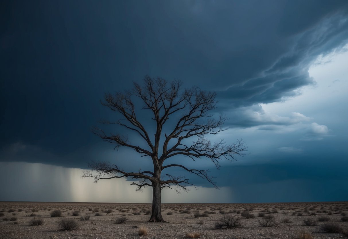A lone tree standing tall in a barren landscape, with dark storm clouds overhead. The wind is whipping through the branches, but the tree remains steadfast and unyielding