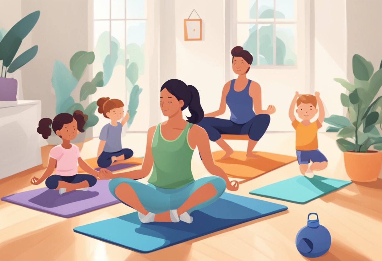 A parent exercises at home while children play nearby. A yoga mat, weights, and a water bottle are visible. The scene is bright and inviting