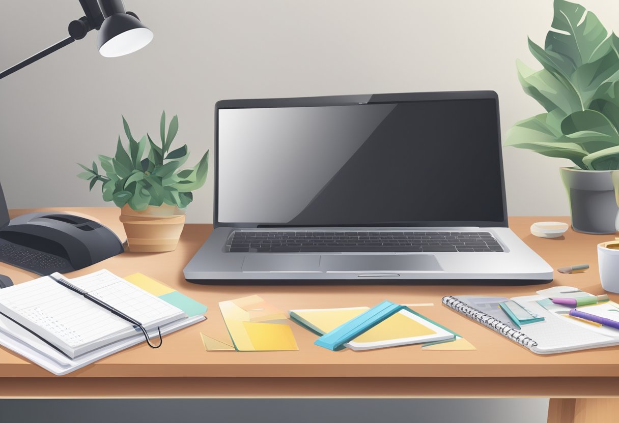 A home office desk with a laptop, planner, and family photos. A treadmill or yoga mat in the corner. A calendar with scheduled family activities