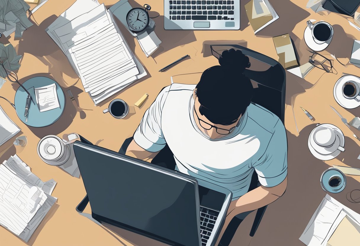 A cluttered desk with a laptop, scattered papers, and a clock showing late hours. A person's silhouette slumped in a chair, surrounded by empty coffee cups