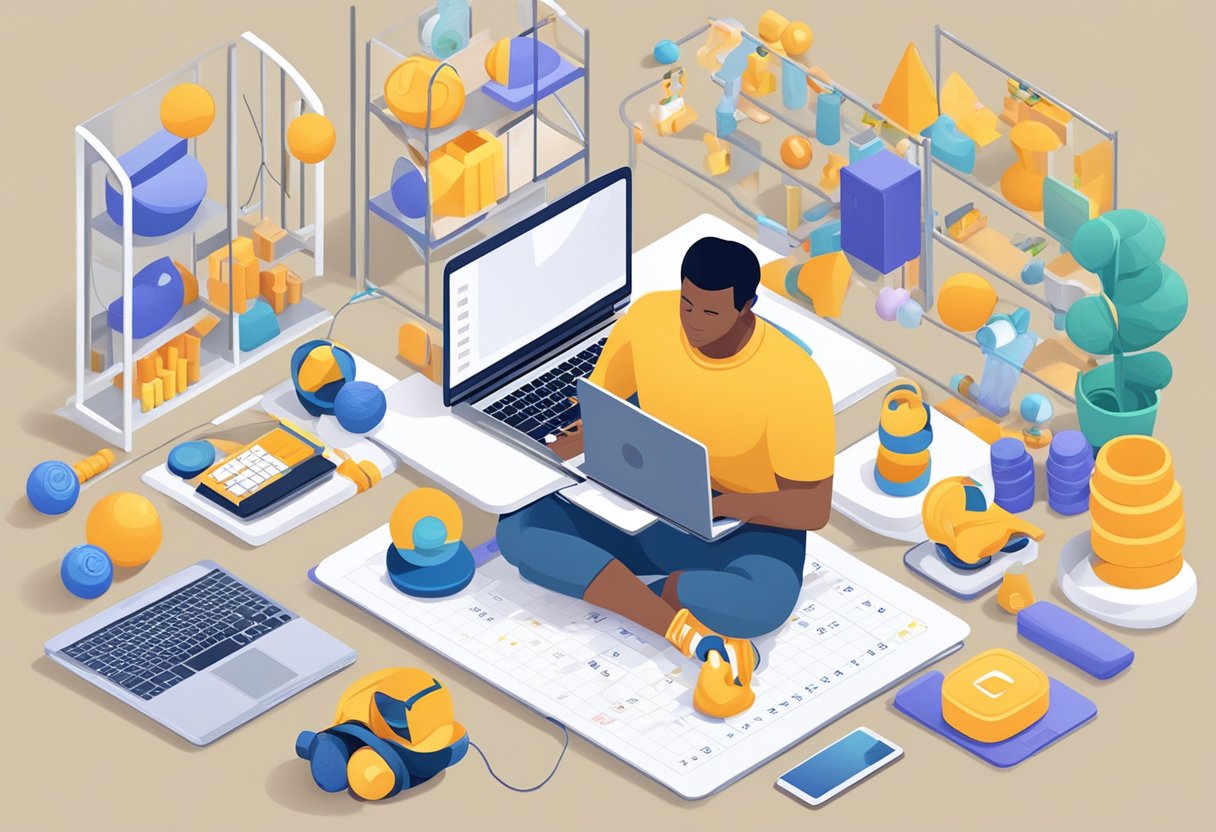 A parent with a laptop and smartphone, surrounded by fitness equipment and toys, with a calendar and support resources in the background