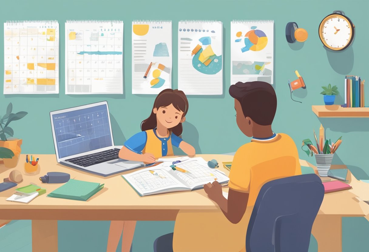 A parent at a desk with a calendar, a stopwatch, a dumbbell, and a child's drawing on the wall