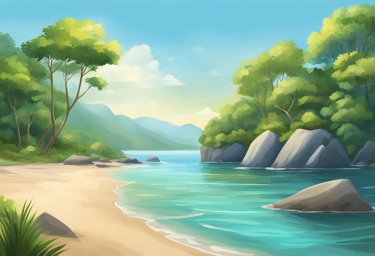 A serene landscape with a peaceful setting, such as a tranquil beach or a lush forest, where a busy professional can rest and recover