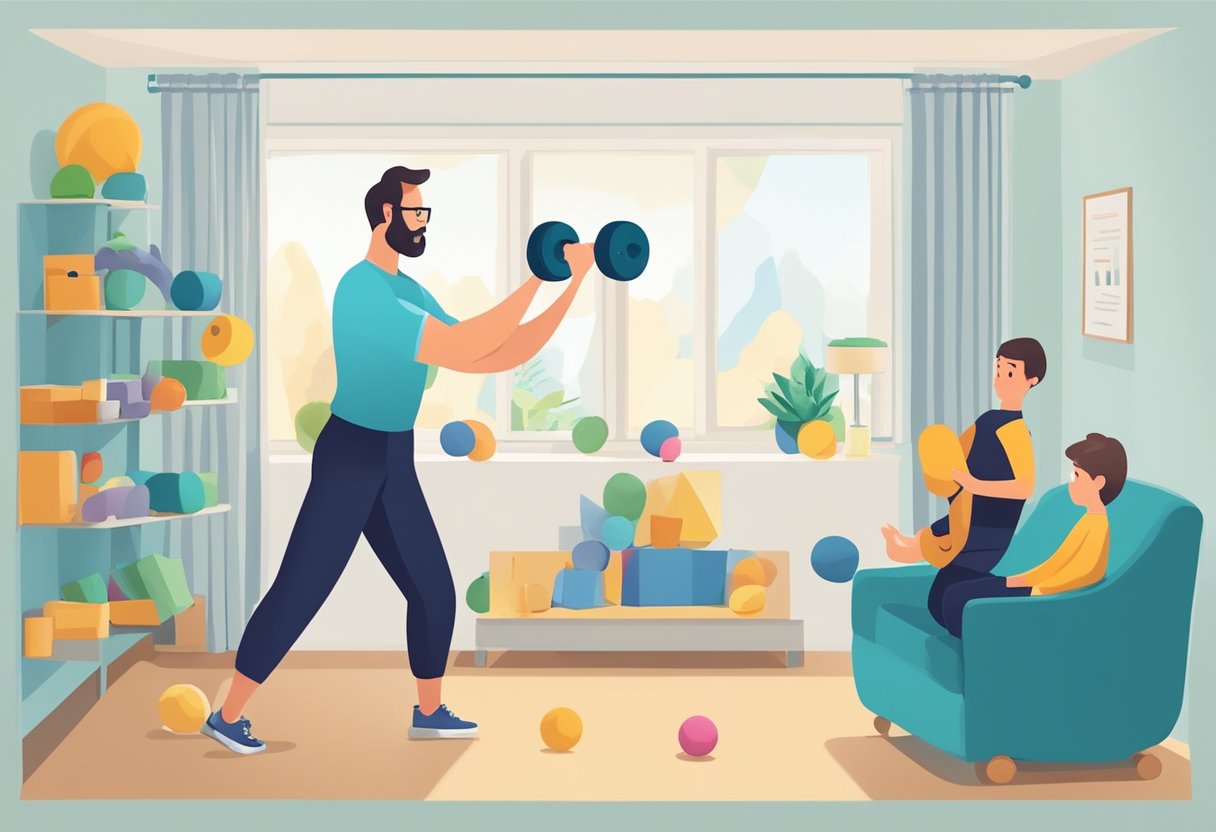 A parent juggling a dumbbell and a child's toy while managing work and family schedules