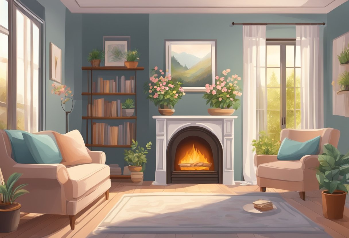 A cozy living room with a crackling fireplace, a comfortable armchair, and a soft blanket. Outside, a serene garden with blooming flowers and a gentle breeze