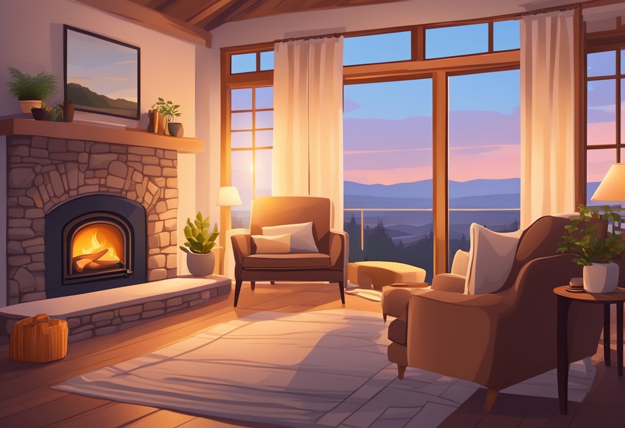A cozy living room with a crackling fireplace, a comfortable armchair, and a warm blanket. Outside, a serene natural landscape with a peaceful sunset