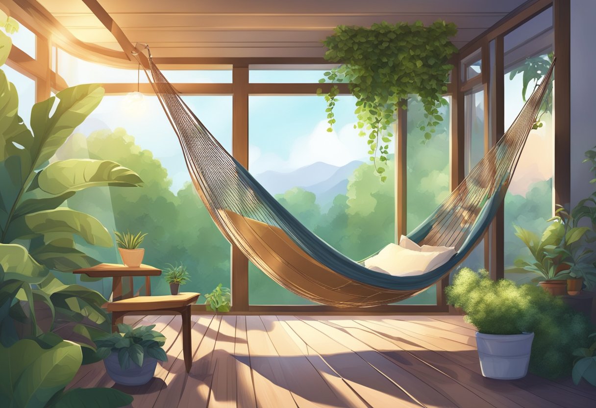 A cozy, clutter-free workspace with a comfortable chair and soft ambient lighting. A serene outdoor scene with a hammock, surrounded by lush greenery and a gentle breeze