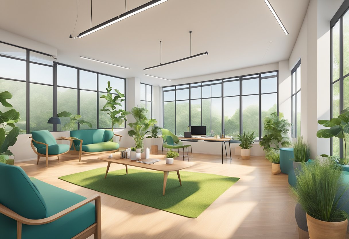 A vibrant office space with open, collaborative work areas, comfortable seating, and natural light. A designated wellness room with yoga mats and meditation cushions. Outdoor green spaces for relaxation and fresh air