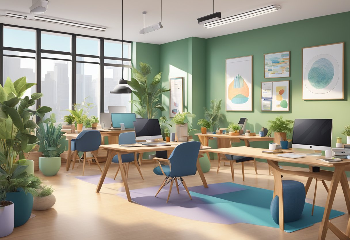 A vibrant and diverse workplace setting with a mix of office and wellness spaces, including yoga mats, standing desks, and healthy snack options