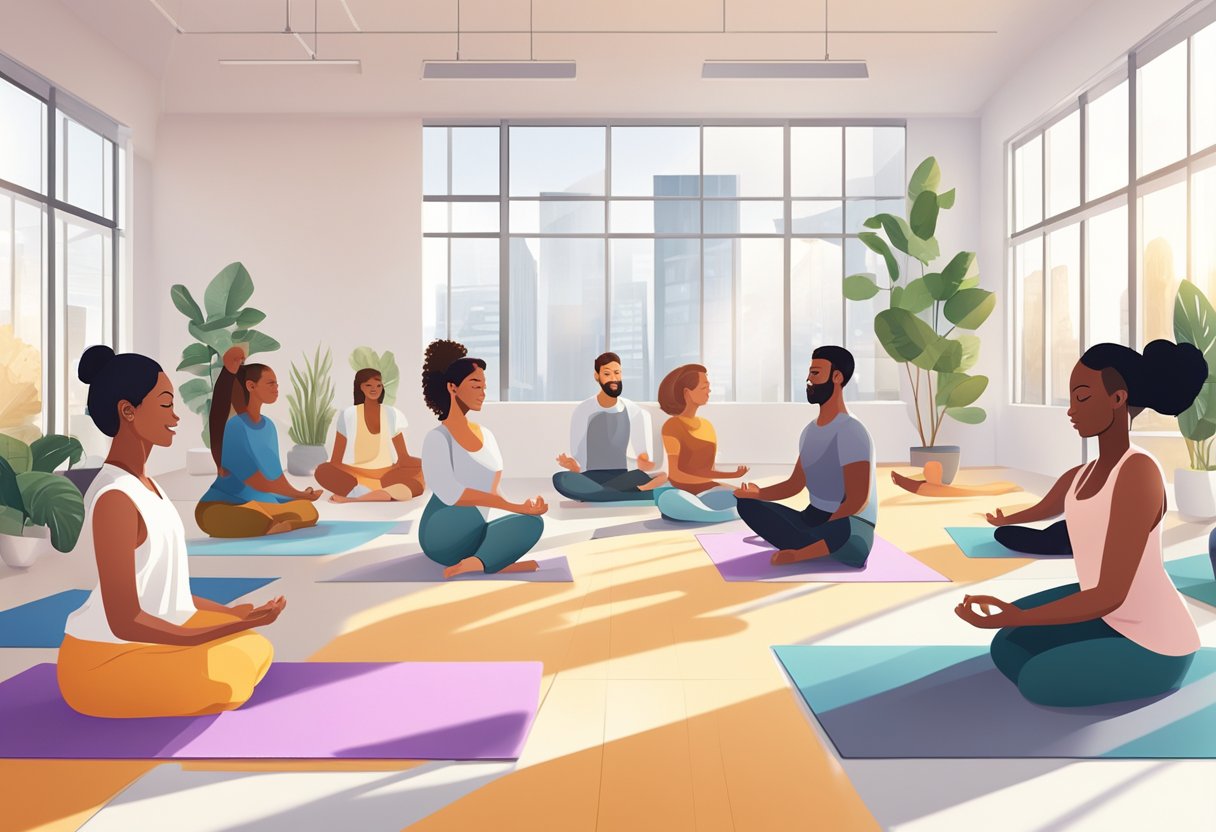 A group of diverse individuals engage in various wellness activities, such as yoga, meditation, and team-building exercises, in a bright and open office space