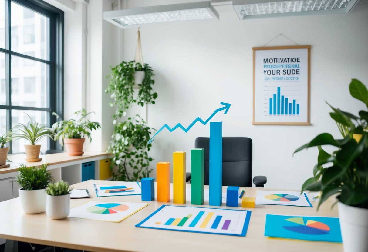 A bright office with a desk filled with colorful charts and graphs. A motivational poster hangs on the wall, surrounded by plants and natural light streaming in through the window
