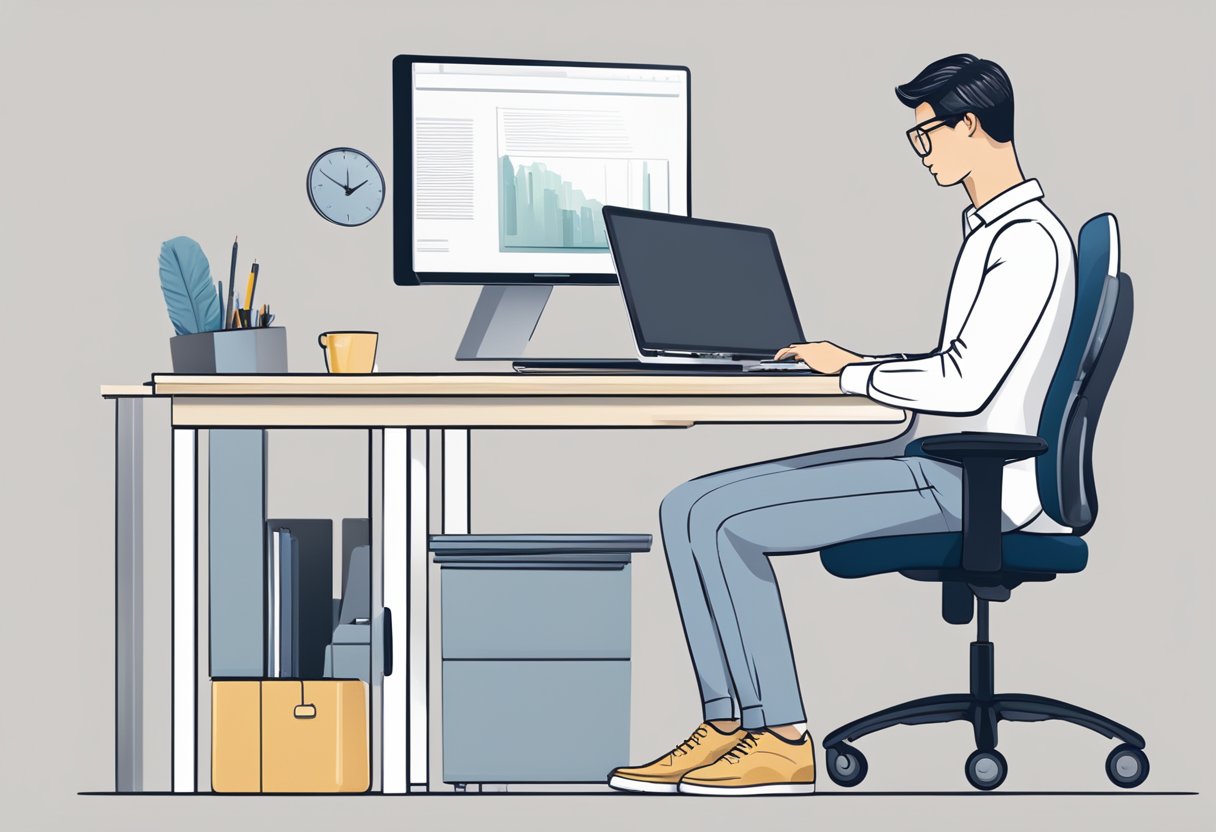 A person sitting at a desk with proper posture, feet flat on the floor, back straight, and shoulders relaxed. The desk is organized with ergonomic tools