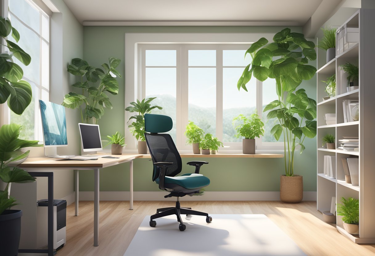A well-lit office space with a computer screen, ergonomic chair, and adjustable desk. A window with natural light and green plants