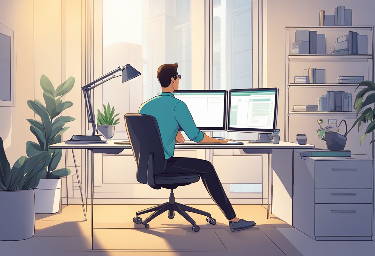 A person working at a computer with a bright screen, sitting in a well-lit room with proper ergonomic setup and taking regular breaks