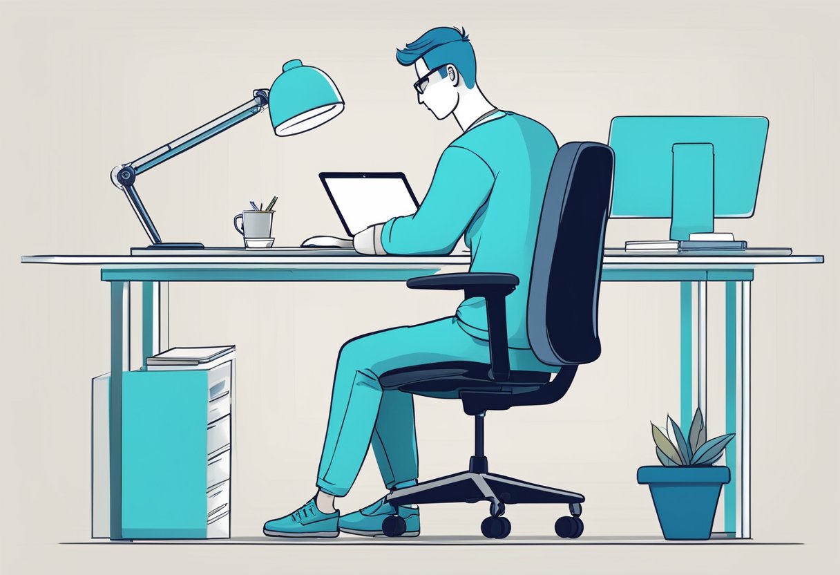 A person sits at a desk with proper posture, taking breaks and incorporating movement. The desk is organized and ergonomic, with a chair providing proper support
