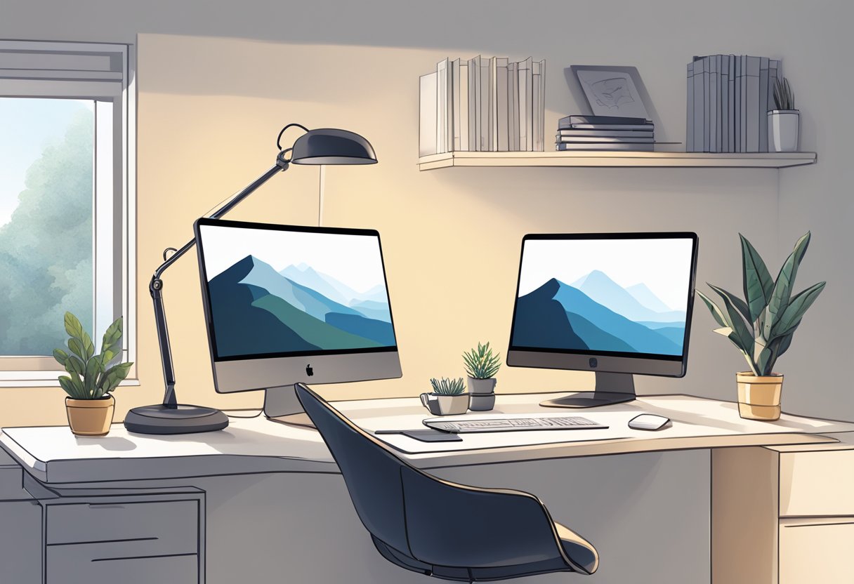 A well-lit, clutter-free desk with an adjustable monitor, ergonomic chair, and a keyboard with wrist support. A window with natural light and a desk lamp for additional lighting